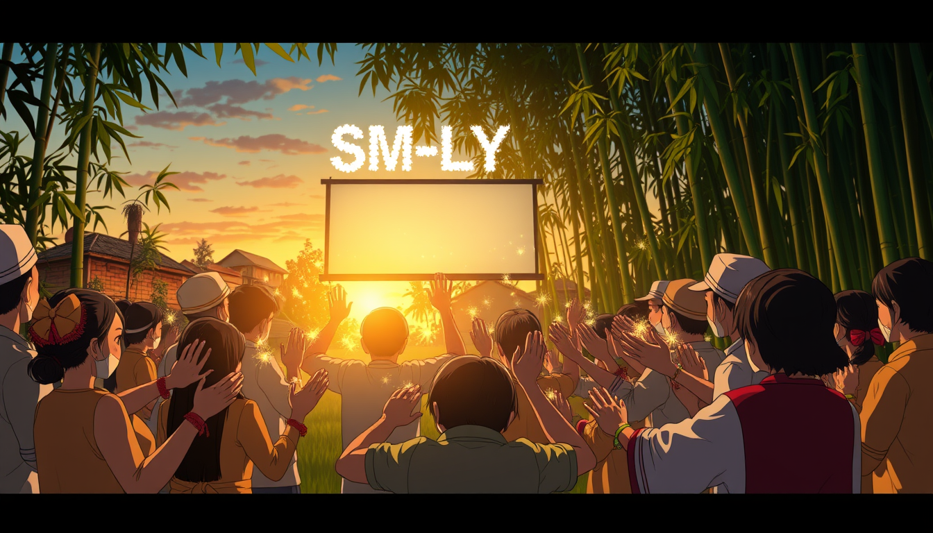 Anime style of A group of Vietnamese villagers from various walks of life - farmers, teachers, students, and elders - gather in a clearing surrounded by bamboo groves. They face a glowing screen, their hands extended in unison. Firefly-like lights dance from their palms, converging to form a shimmering "SM-LYT" above their heads. The sunset casts a warm glow on the scene, highlighting the strong sense of community and shared purpose. - Image