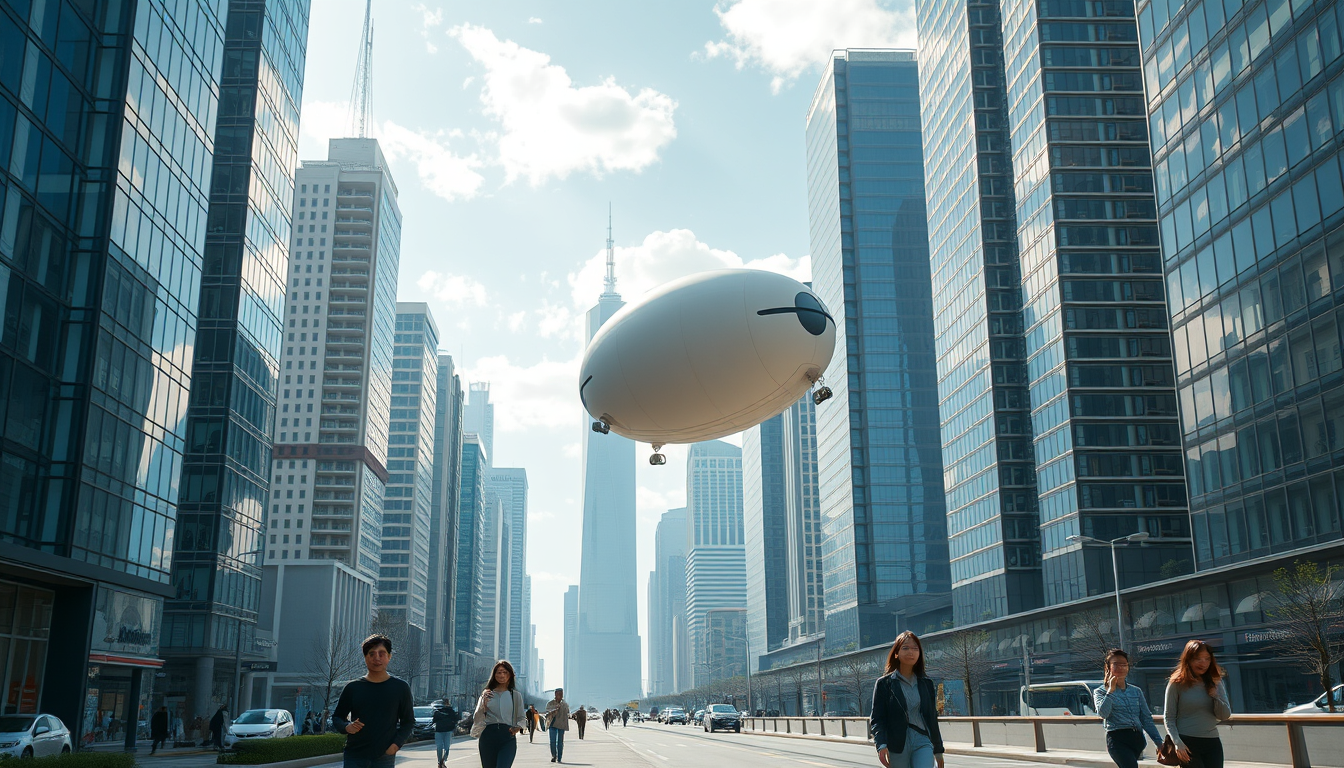 Create a stunning high-resolution image of the city of the future. The skyline should be filled with towering skyscrapers. Include a light-colored oval balloon-type robot flying rapidly through the air with tiny black balancers on either side of the balloon. There are some people walking on the street, with Asian faces, wearing fashionable and avant-garde clothes, creating a laid-back and pleasant atmosphere. The visual focus of the image highlights small balloon-type robots patrolling the air for safety, very beautiful clouds, and gorgeous sunlight reflecting off the glass surfaces of the buildings, creating an atmosphere of excitement and innovation. Very clear and realistic details, 32K, top view.