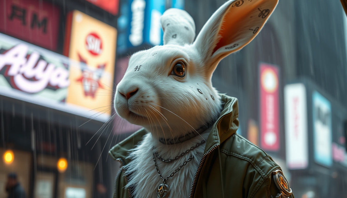 An adult white rabbit stands in a cyberpunk city, in the rain. He's wearing a cyberpunk-style jacket. The rabbit has an augmentation on his right eye and a lot of scars. Cyberpunk implants are visible on the rabbit. A masterpiece, maximum detail, cinematography.