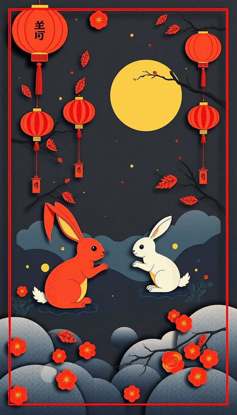 Mid-Autumn Festival, rabbit paper art, night scenes, poster design - Image