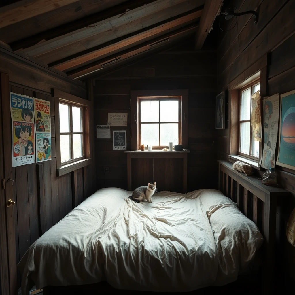 In a dilapidated wooden cabin, there is a bed, and one wall of the room has some posters of Japanese manga, while there is a cat in the room. Note that the cabin has a window.