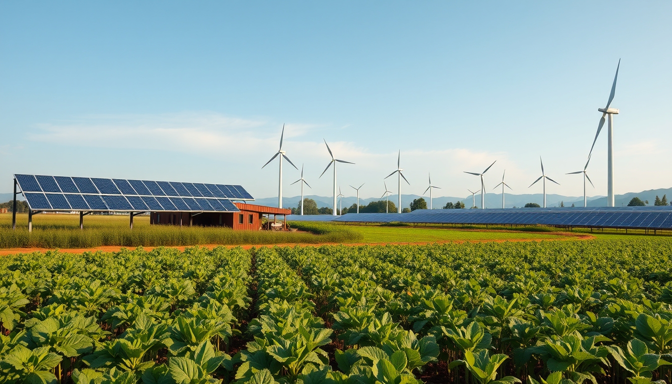 A wide-angle shot of a modern, eco-friendly farm with solar panels, wind turbines, and organic crops in the foreground.