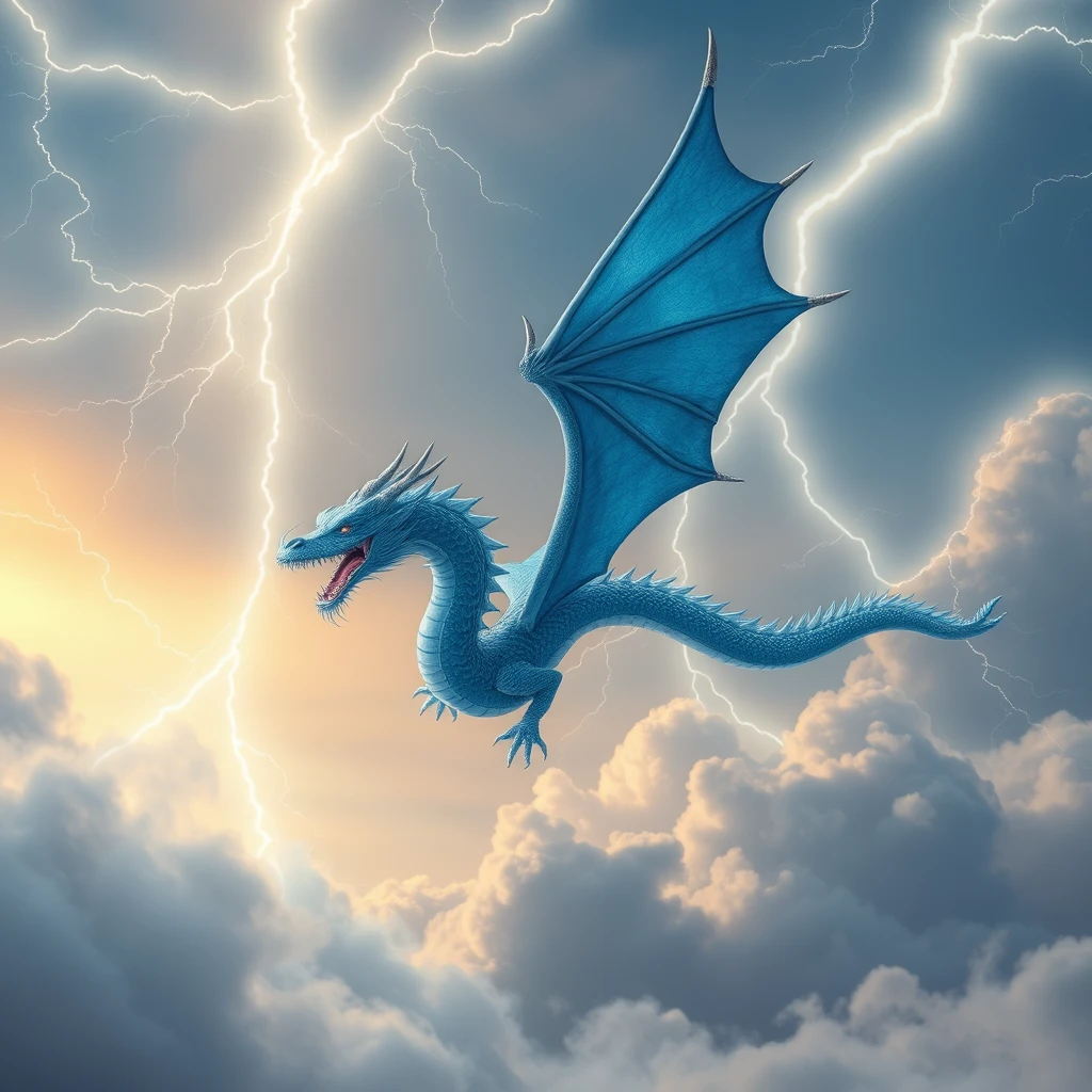 'Against the backdrop of the lightning sky, the blue dragon of the East is soaring into the sky.'