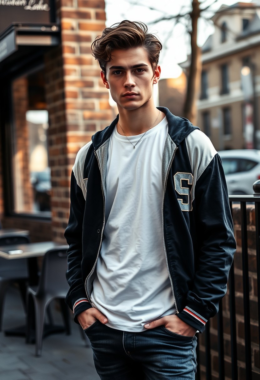 Christian Grey look-alike head and body shot, handsome young man, dark brown hair, serious face, white T-shirt, college jacket, skinny jeans, sneakers, standing stylishly near a café, hyper-realistic, street photography, brick wall, full body photo, morning scenery. - Image