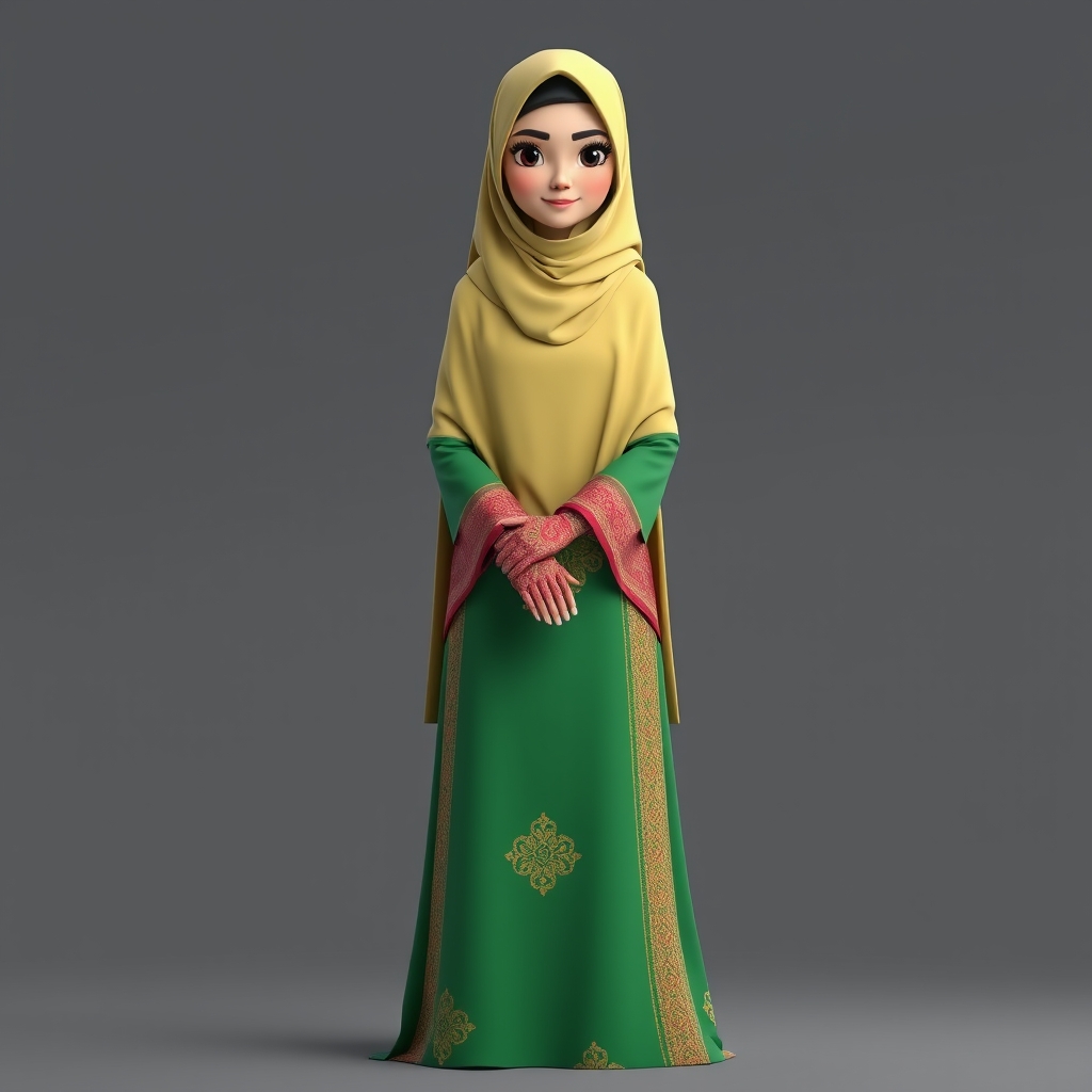 Create a 3D, 8K animated cartoon of a Muslim woman from Palembang wearing a long traditional songket dress. She should have her hands covered with batik gloves. The image should capture the elegance and cultural richness of the attire.