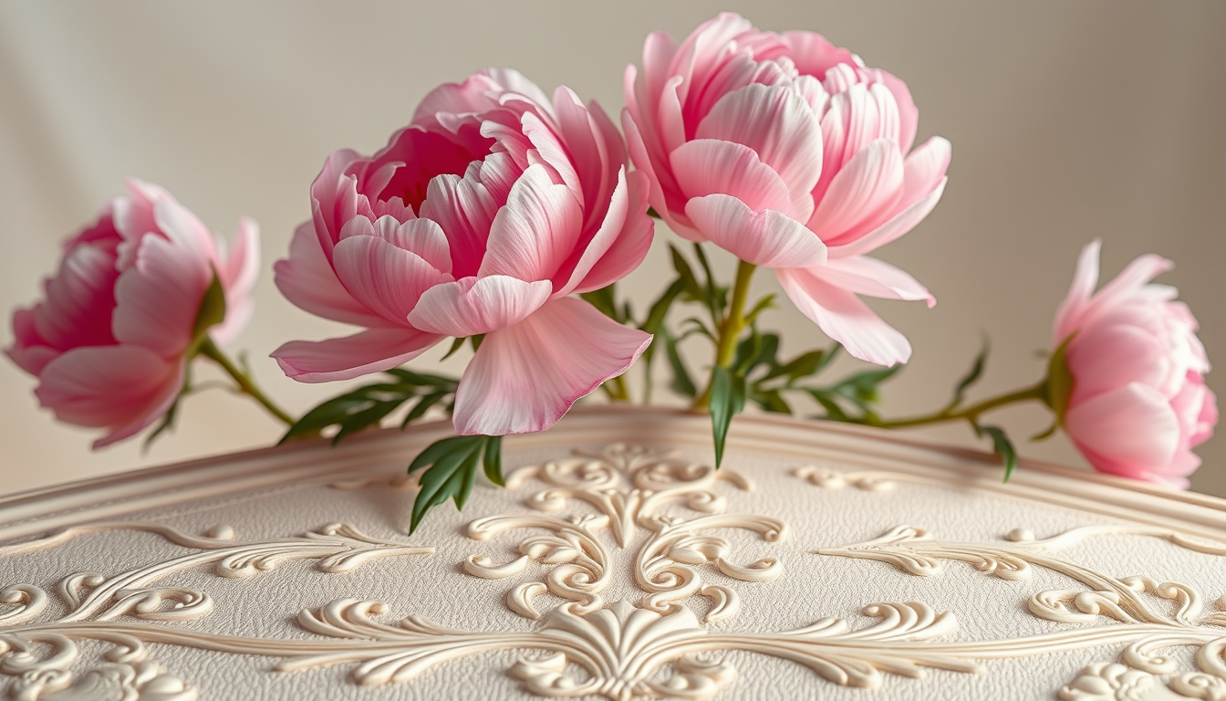 Stunning 3D photo with realistic blooming peonies protruding above an exquisitely textured surface with delicate ornaments, pastel colors, romantic atmosphere.