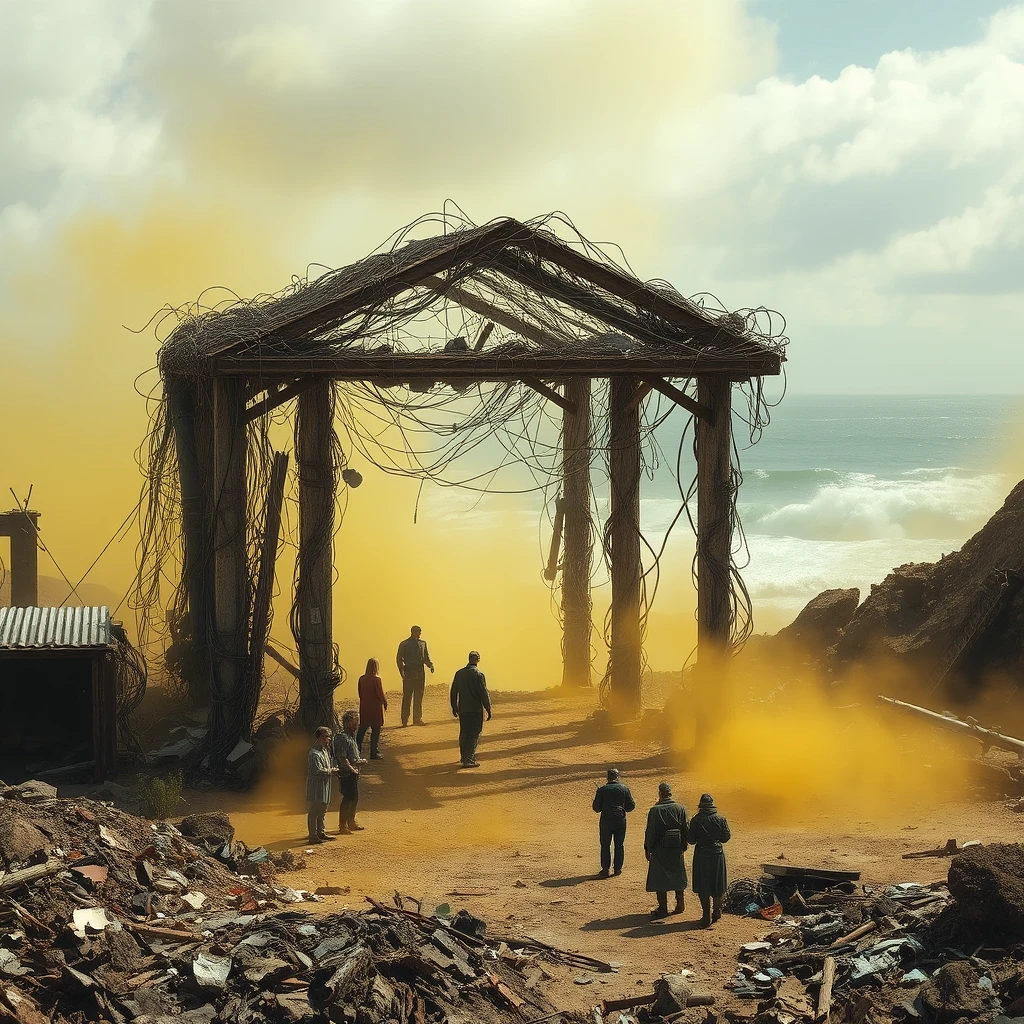 post-apocalypse landscape, ruins, rust, several people pray near a temple made from garbage wires waste debris pieces, toxic waste, yellow haze, atmosphere of decay, the ocean is raging in the background.