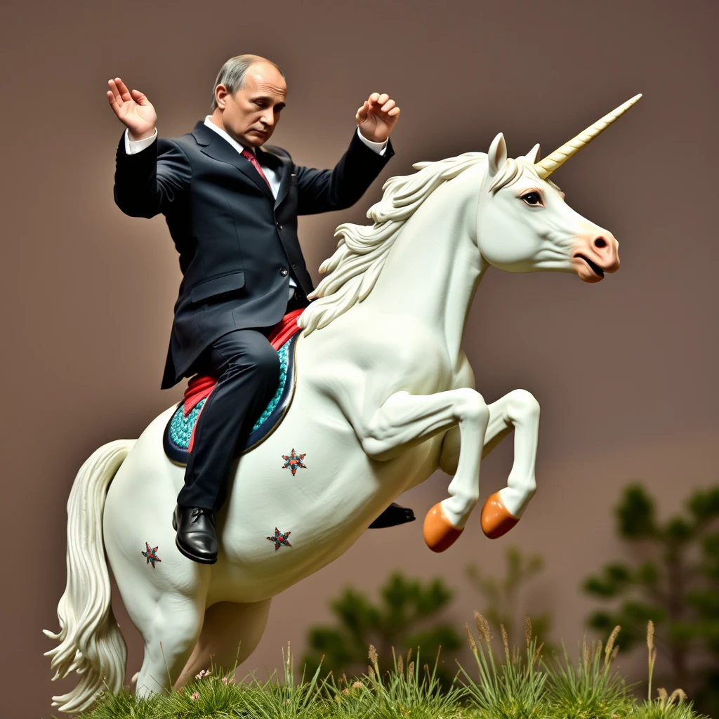 Vladimir Putin montando un unicornio, fotografía, toma dinámica. - Image