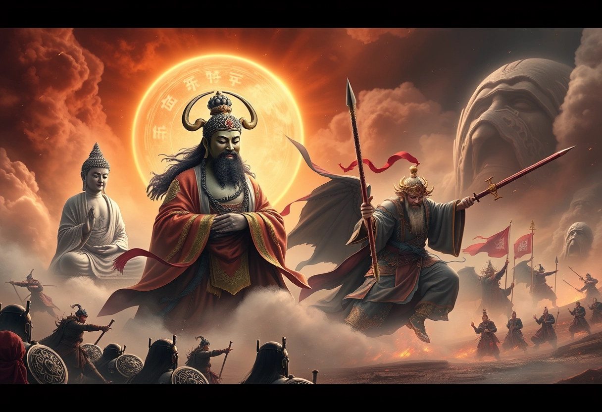 "Lord Buddha, Yahweh, Allah, Taishang Laojun, the Great Battle of Pangu, in a photorealistic style. No other characters should appear."