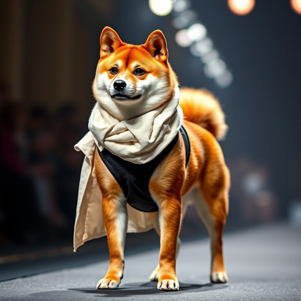 "A Shiba Inu standing like a person, wearing fashion on the runway, realistic, masterwork, high definition." - Image