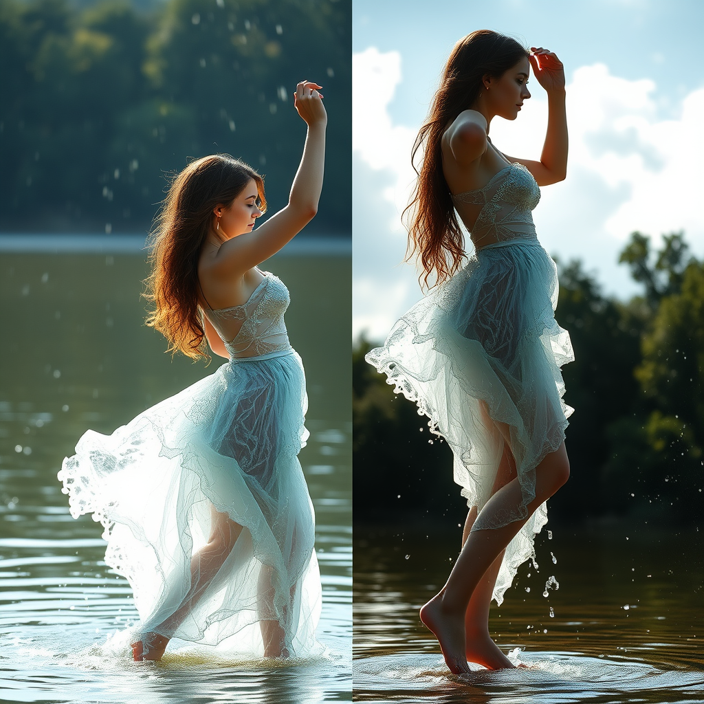 Riverside, dancing woman wearing a dress made of water, side view, full body view, strong light falls on her, water pours from the sky.