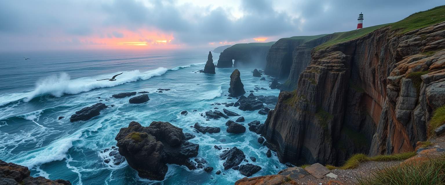 Awe-inspiring, rugged coastline, rocky cliffs, crashing waves, high quality, photorealistic, dramatic, wild, seagulls, stormy, panoramic, breathtaking::1.2 tide pools, sea stacks, hidden caves, coastal hiking trails, lighthouse, mist, vibrant sunset. - Image