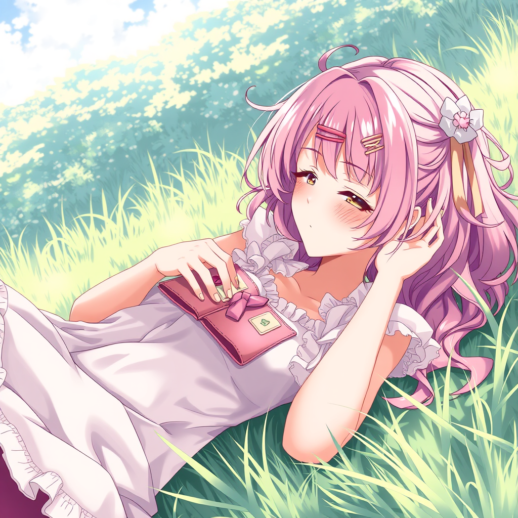 Anime art of a motherly woman, pink hair, frilly dress, detailed scene, stunning details, trending on ArtStation, laying on the grass, anime artwork, anime cel shading.