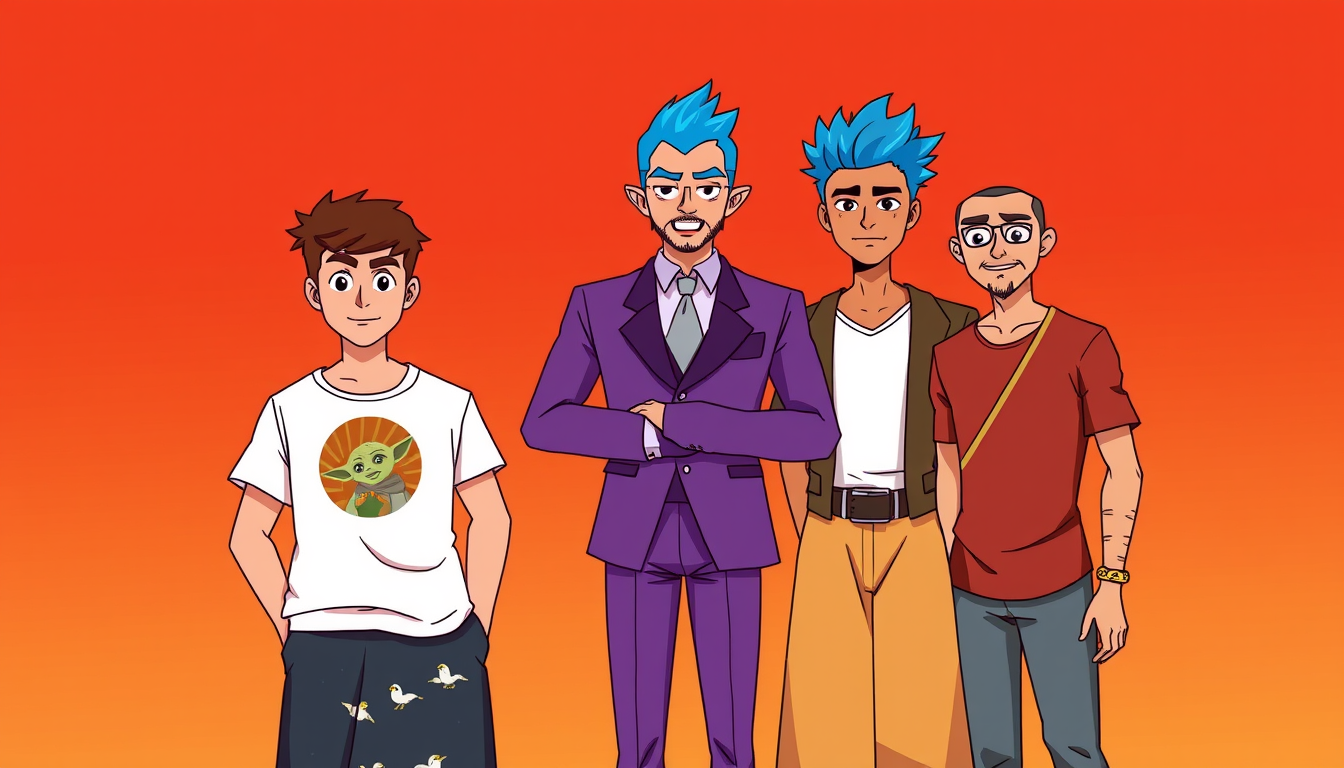 A cartoon style of five men is standing together against a backdrop. The backdrop is divided equally in half down the middle; the left side is red and the right side is gold. One young man is wearing a t-shirt with a Yoda motif, while another has a long skirt with birds on it. One man is wearing a three-piece purple suit and has spiky blue hair.