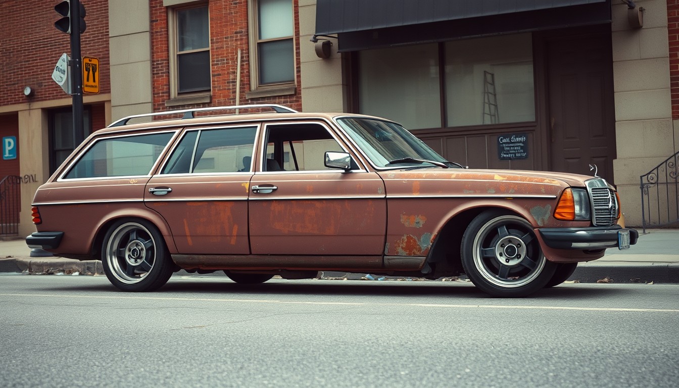 rusty 124 mercedes wagon with big chrome rims, old grain photo style, baltimore city street