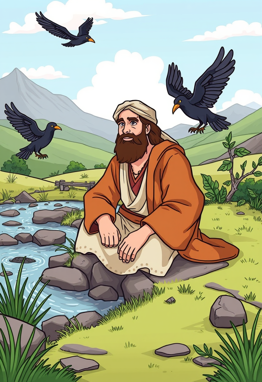 Depict Elijah sitting by a brook, with ravens bringing him food, set in a beautiful natural landscape. cartoon style, thick lines, low details, no shading. - Image