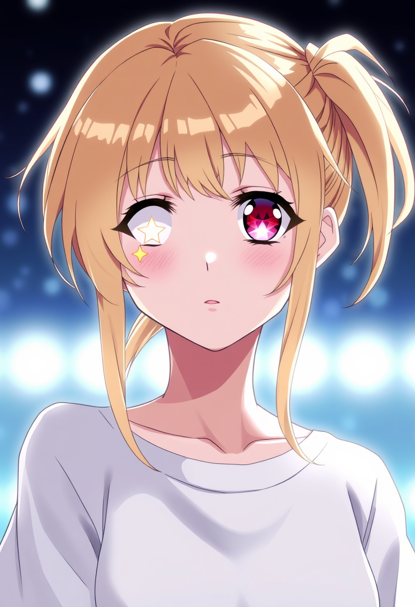 A beautiful young girl of average height with blonde hair that she ties in a side ponytail (much like how her late mother Ai Hoshino does) and possesses pink-ruby colored eyes with a six-star in her left eye like her late mother. Anime style. She has a star pupil in her right eye.