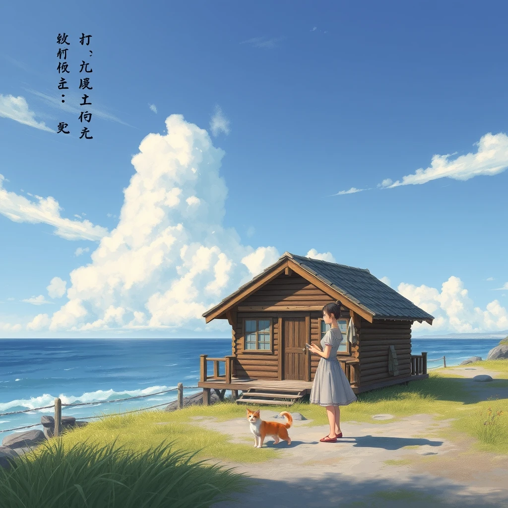 "By the seaside, there is a wooden house, a young woman in a dress, a cat, and Chinese characters or Japanese." - Image