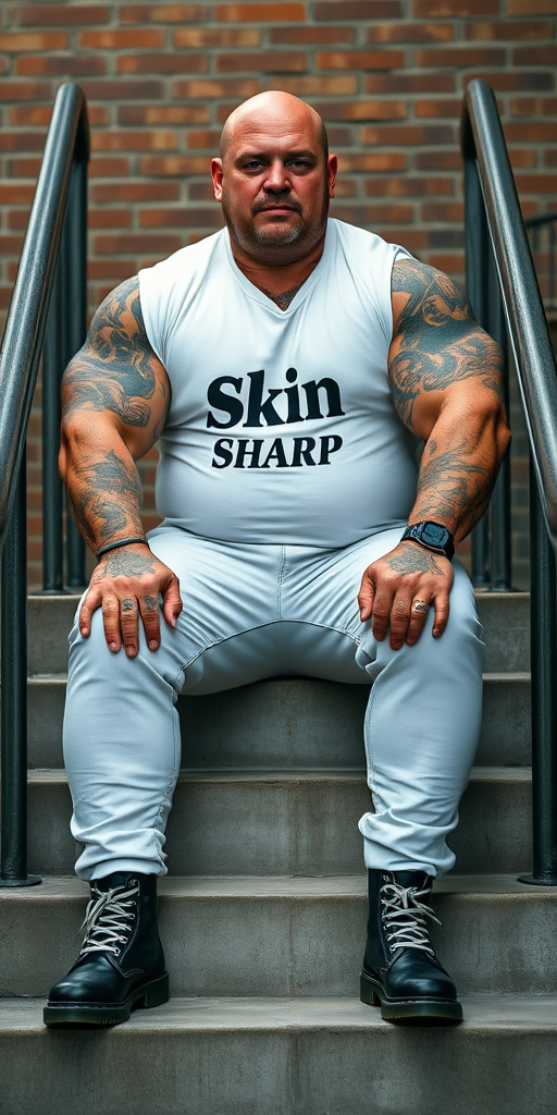 Prompt: a portrait-style photograph featuring an extremely huge 50-year-old muscular, beefy, handsome, masculine male skinhead bodybuilder sitting on a set of concrete stairs. He has a bald head, light skin, and is wearing a white t-shirt with the Skin Sharp logo on it. His enormous muscular arms are heavily tattooed with intricate designs. He has also huge muscular pectorals. He is also wearing tight bleached denim trousers that highlight their huge, muscular legs and black knee-high Dr. Martens boots with white laces. The background consists of a brick wall and metal handrails on either side of the stairs. The overall setting appears to be industrial.