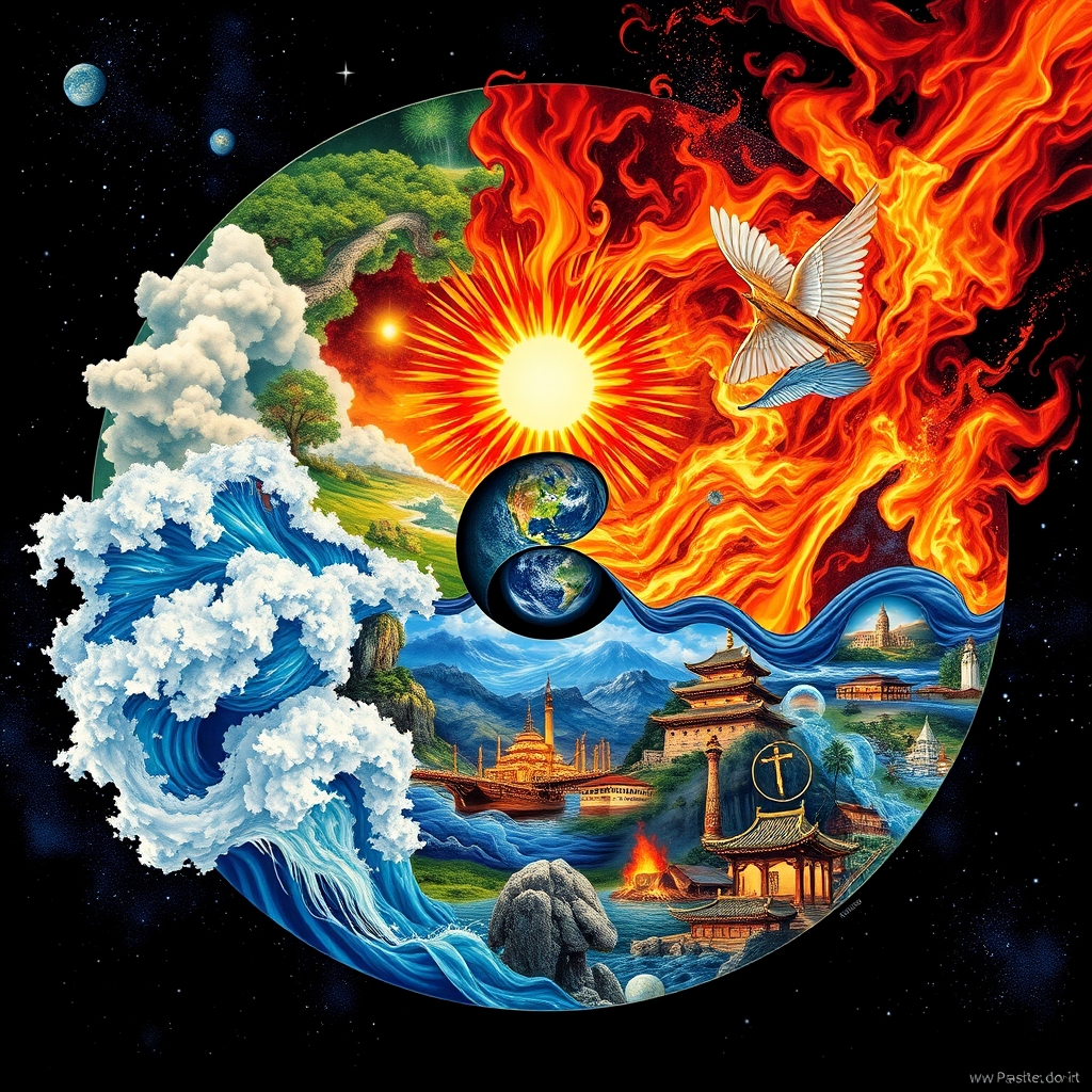 Wallpaper art, yin and yang symbol, filled with scenes and examples of the 4 elements: earth, water, fire, air, vivid colors, positive emotional filled. - Image