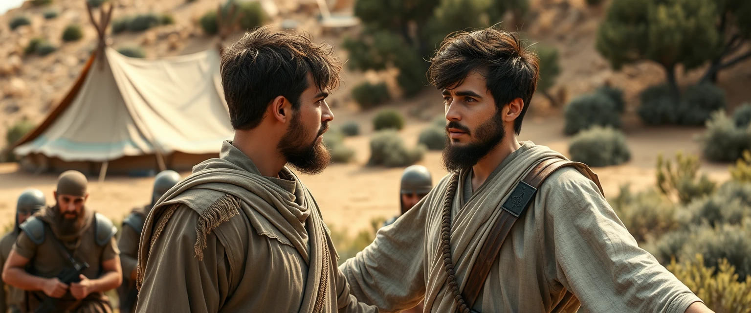 Create a scene of two men facing one another. The man on the right is a young Jewish lad in his mid-20s, dressed as a simple shepherd, with his arms stretched out to the sides. He has dark, messy, unkempt hair and a beard, and looks shocked. The man on the left is a Jew in his mid-30s, has a Jewish beard, and is wearing only a simple biblical-era Israelite armor. A group of four ancient Israelite soldiers is crowding around the man on the left. In the background are Arabic army tents pitched on a desert shrubland. The overall mood of the image is one of anxiety and concern.