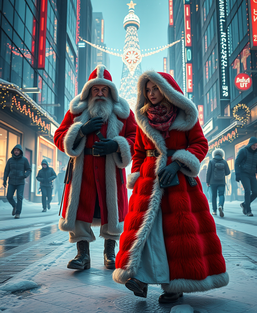 An exciting cyberpunk scene where a Russian Snow Grandfather in a long red fur coat with white trim and a charming Snow Maiden in a snow sheepskin coat walk through a futuristic city decorated with Christmas lights. - Image