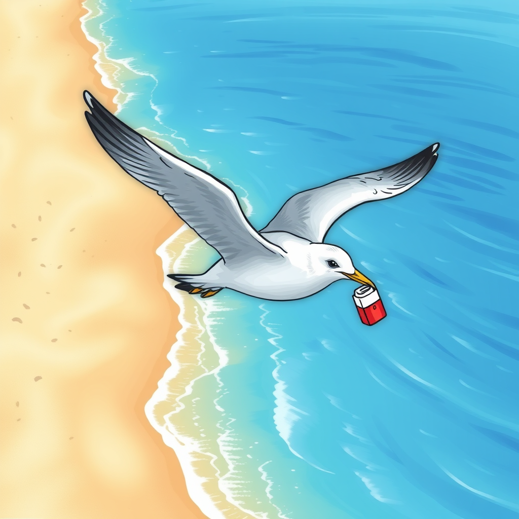 A little seagull with poison in its beak flying over a pretty beach surrounded by blue water in a drawing style color.