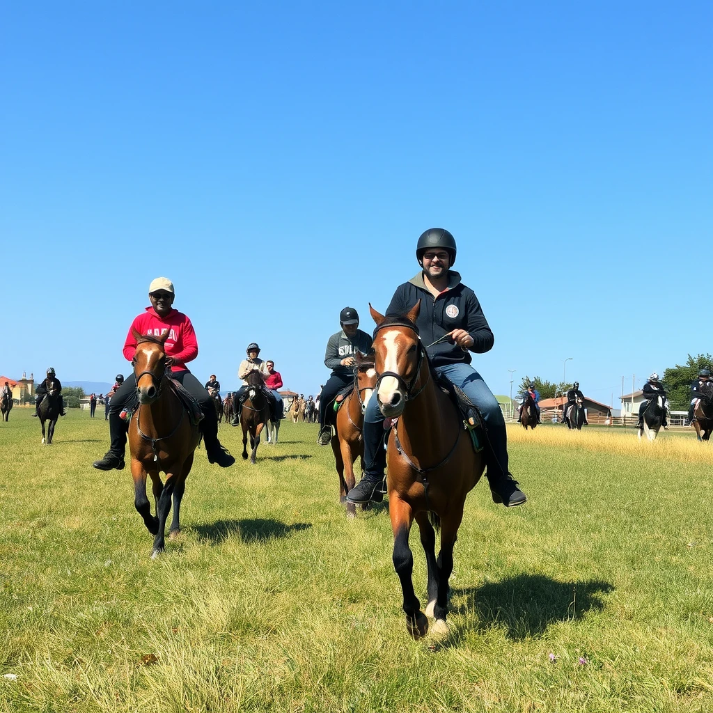 People are riding on the grass.