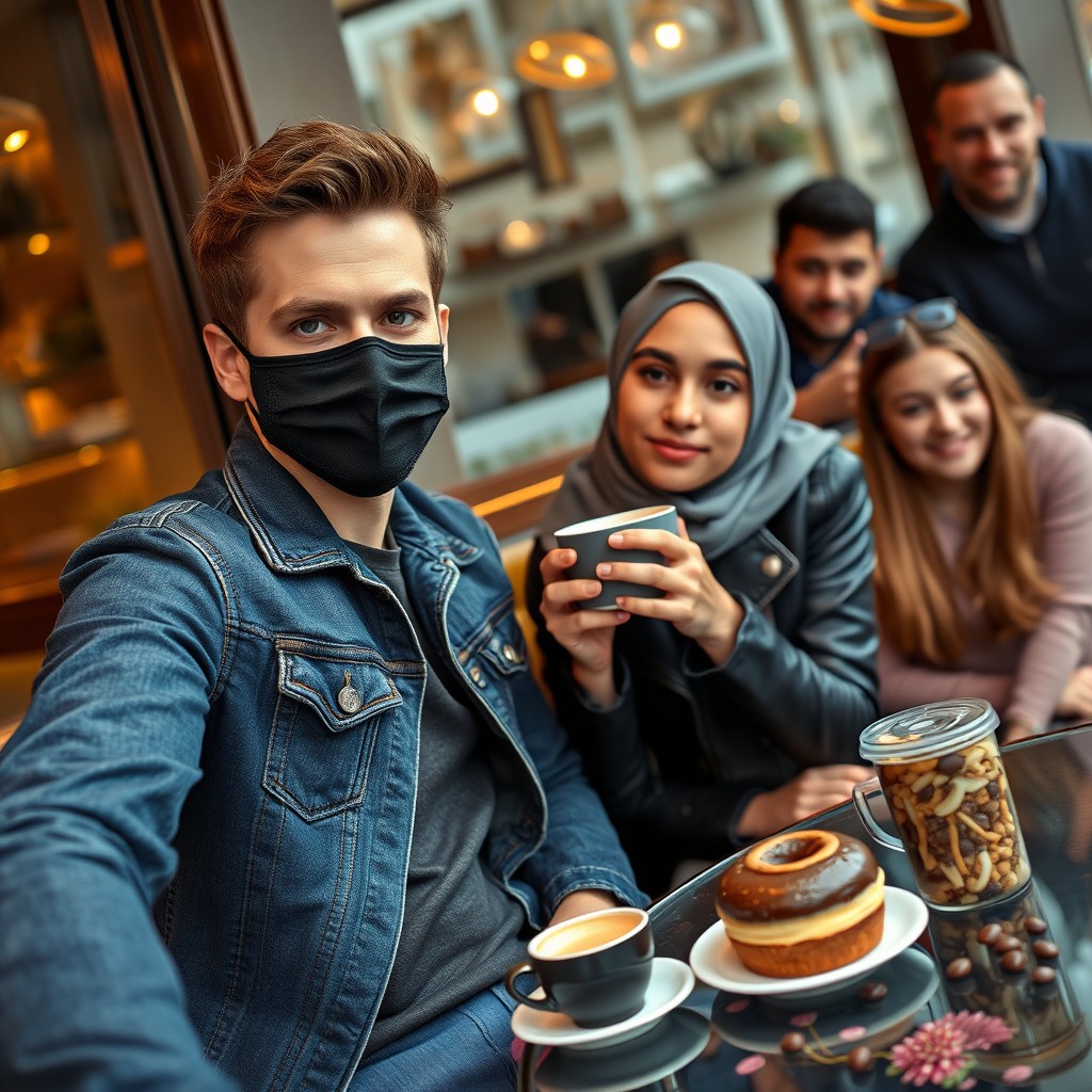 Jamie Dornan's head and body shot, handsome, young, black face mask, blue jeans jacket, jeans, dating a Muslim girl in a grey hijab with beautiful eyes, black face mask, black leather jacket, biggest floral skirt, at a cafe, 2 cups of latte, muffin cake, chocolate donut on a table, with another 3 friends smiling in the background, photorealistic, hyper-realistic, street photography, selfie.