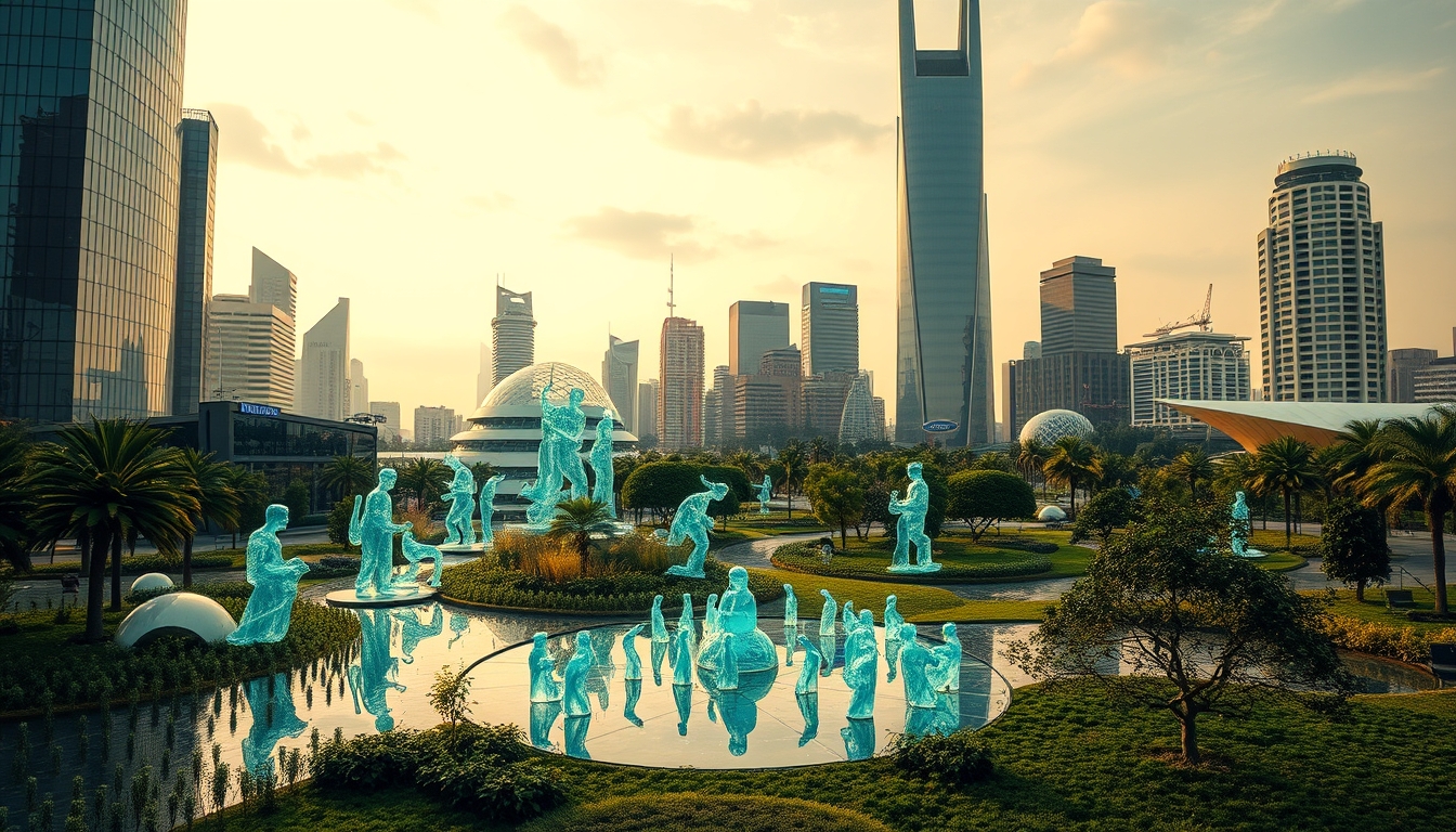 A futuristic city park with glass sculptures and interactive installations. - Image