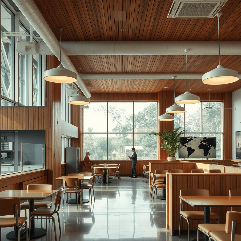 interior, company cafeteria, modern, wood panel, movie scene - Image