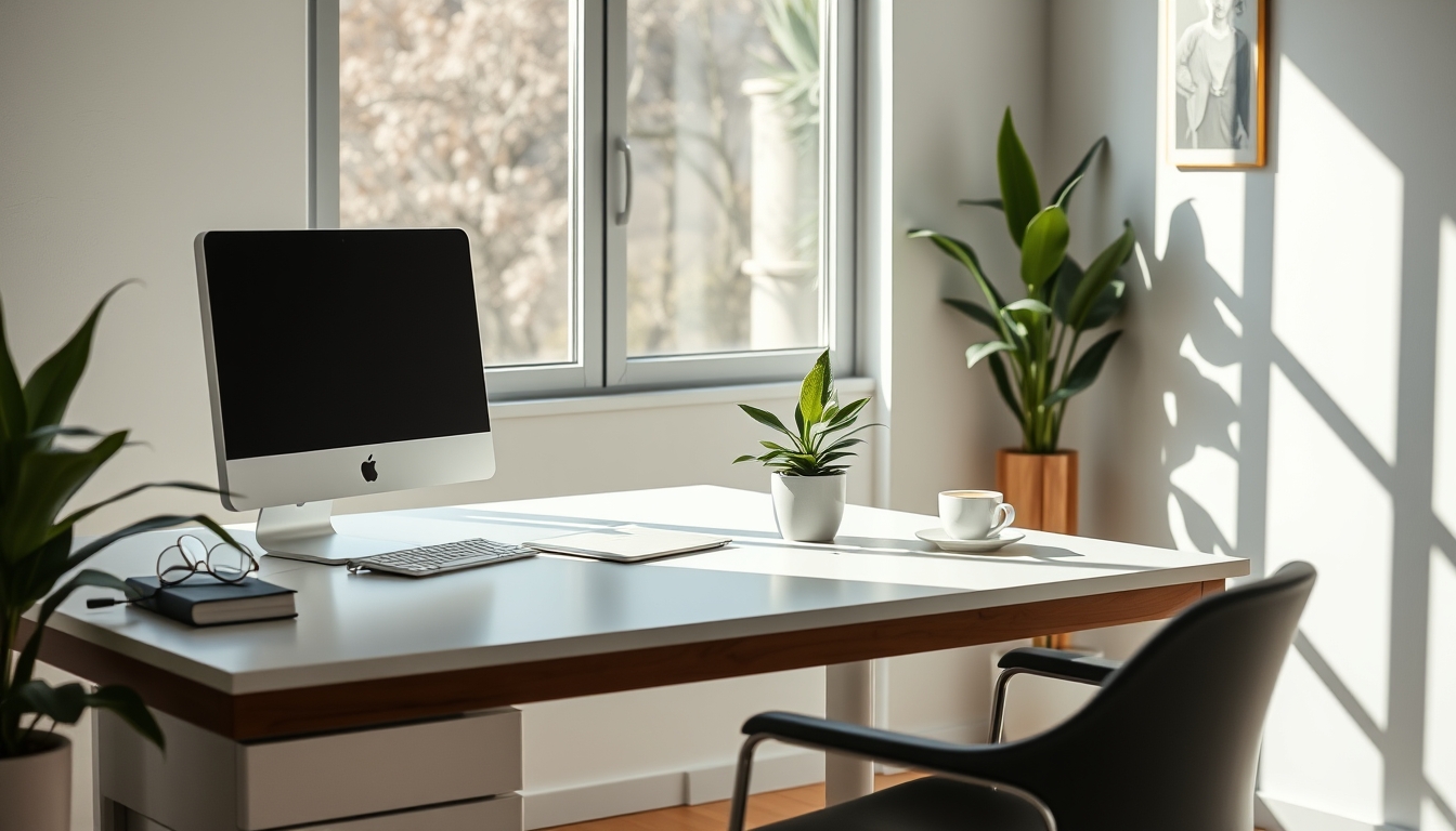 A sleek, modern home office setup bathed in natural light, with a single potted plant and a cup of coffee on the desk, emphasizing simplicity and productivity.