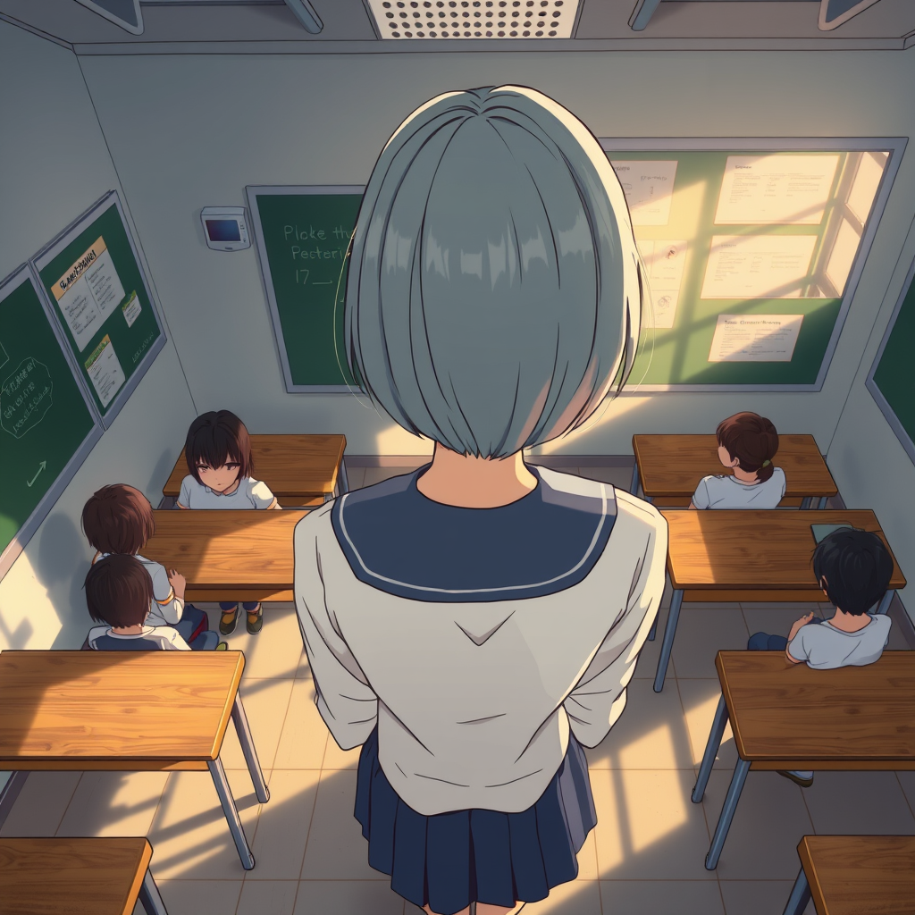 Pop art, Anime illustration of a motherly woman, from above, hair style, school uniform, natural reflective, detailed body, standing, anime classroom, anime illustration, illustration quality, realistic shadows,