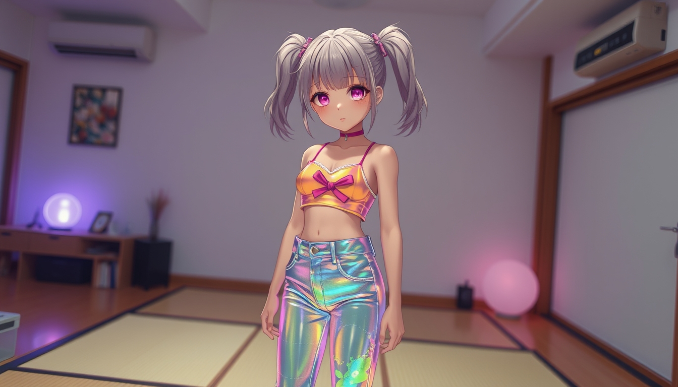 Hyperrealism cute kawaii anime girl, psychedelic, wearing colorful glowing transparent liquid water metal jeans and top, in a tatami studio --ar 4:5 --style raw. - Image