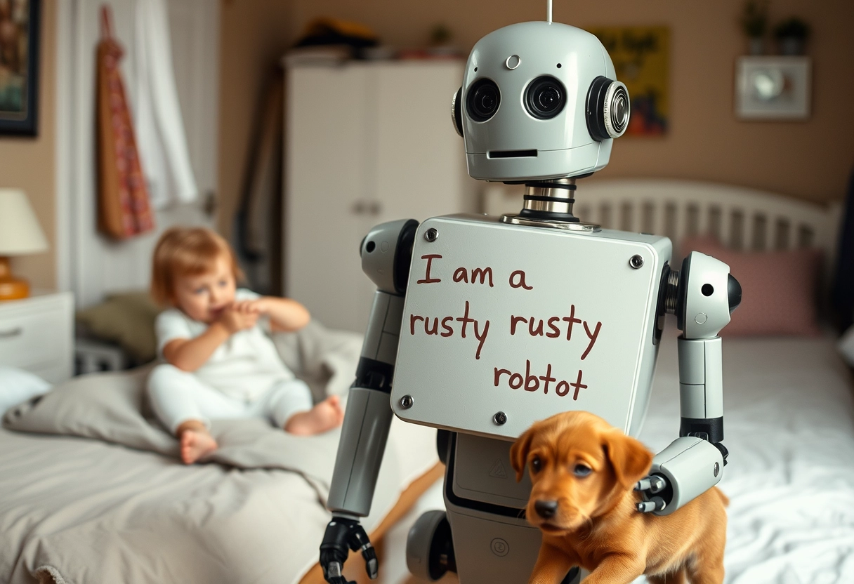 In the background, there is a robot folding clothes in a bedroom, while a small child is playing around with a puppy. The robot has a child's doodle on its chest that says "I am a rusty robot."