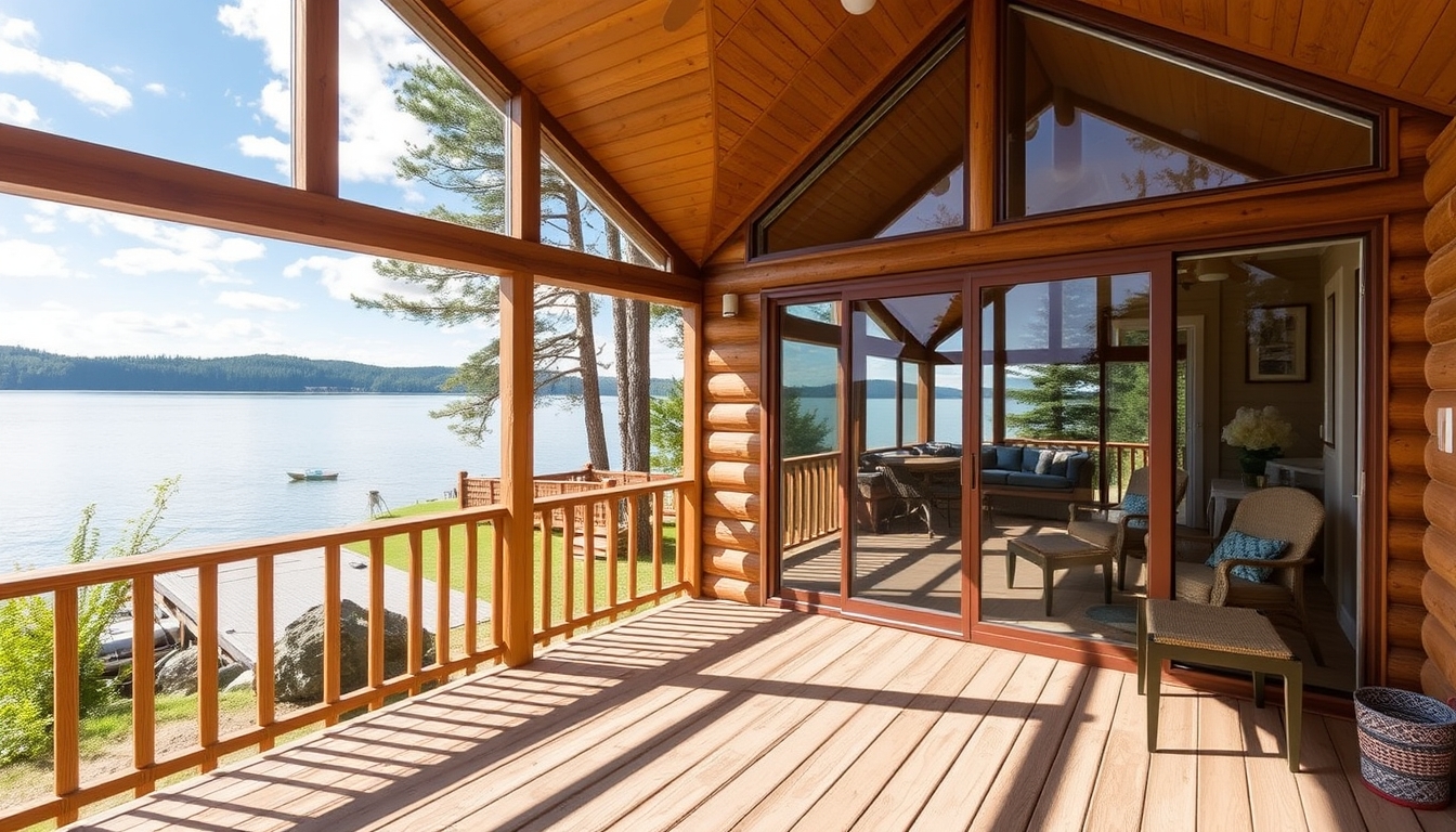 A serene lakeside cabin with a glass front, offering an unobstructed view of the water. - Image