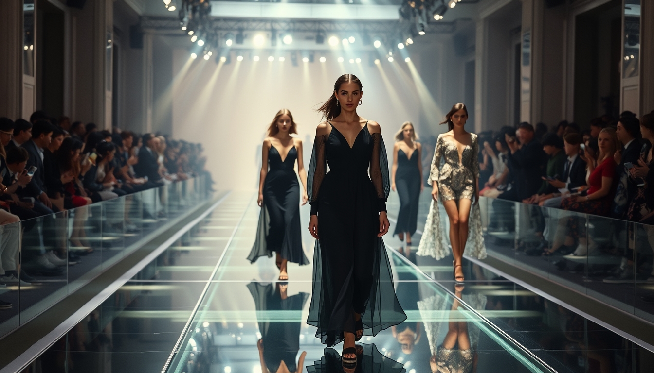 A high-end fashion show with models walking down a glass runway.