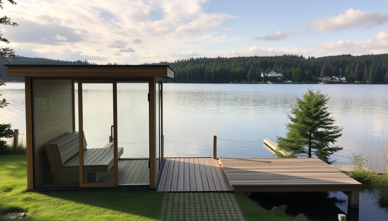 A peaceful lakeside retreat with a glass-fronted sauna overlooking the water.