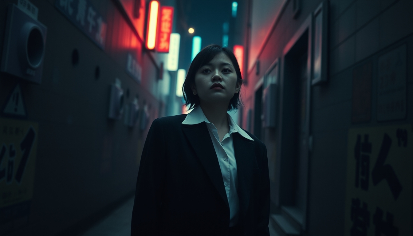 masterpiece, best quality, very aesthetic, absurdres  
wlop minimalism  
cinematic lighting  
1 girl, aged up  
walking in the alley, black suit, white collar shirt  
perspective from above  
cyberpunk, neon - Image