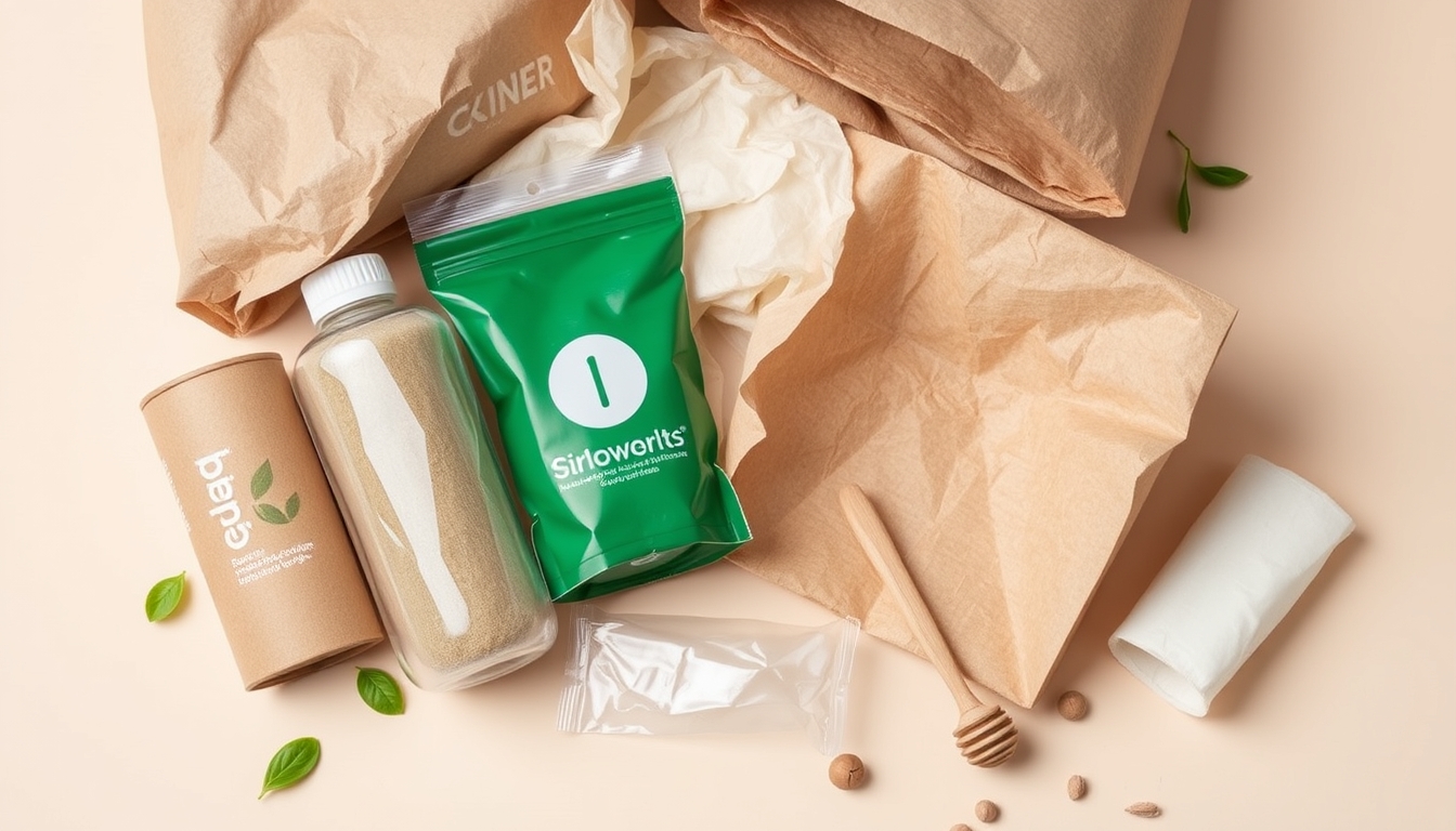 A detailed close-up of sustainable packaging materials, including cardboard, paper, and biodegradable plastics, arranged aesthetically on a neutral background.