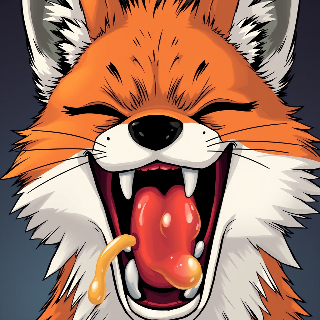 'Furry art style, animated manga style, depict the details of the fox's mouth, throat details, the throat should be bright, details of the teeth, details of the saliva, the whole mouth is filled with it.' - Image