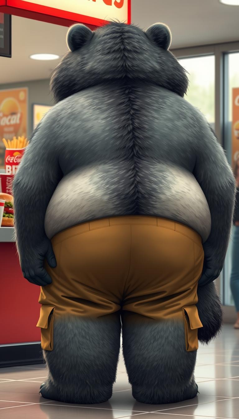 Quarter view, anthropomorphic obese gray bear-wolf hybrid, blended features. Gray and black fur with tan and white fur markings. He has a heavyset body, wide fat bottom, and fat wide double chins. Tan obese big fat baggy cargo pants. Obese double belly overflowing. Wide waist. Full body. Uncropped. Fluffy fur. Ordering food from a fast food restaurant. Digital art, semi-realistic. - Image