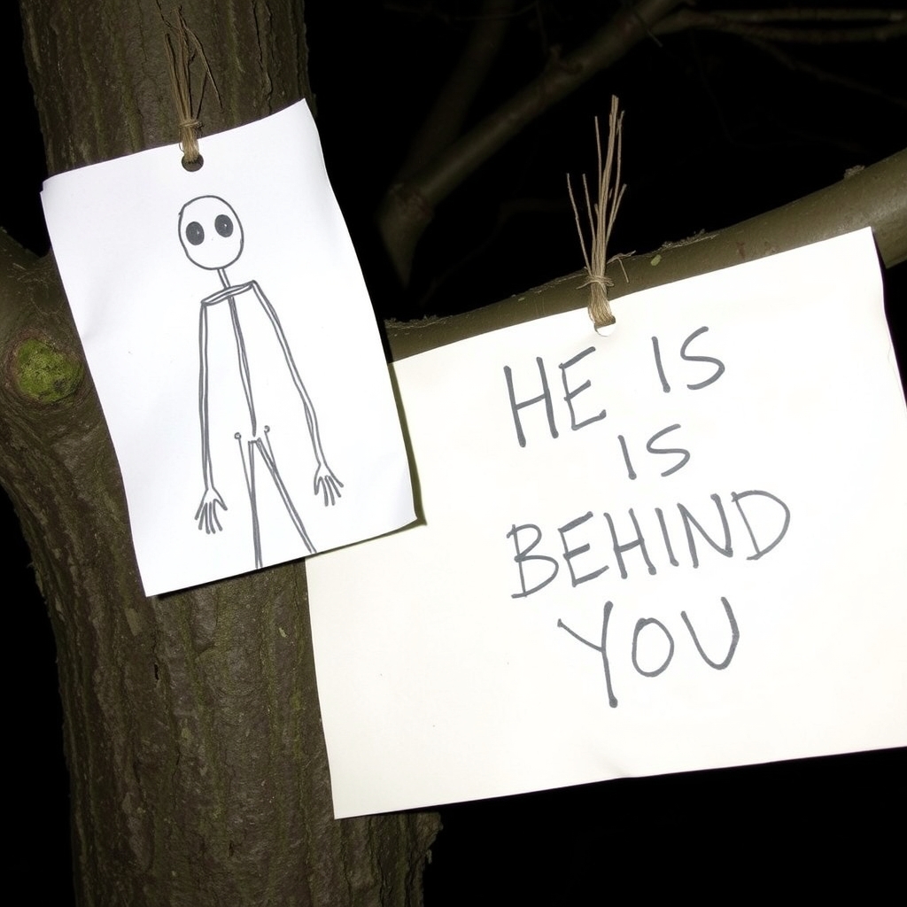 A hand-drawn slender man on paper and a handwritten text that says "HE IS BEHIND YOU," attached to a tree branch, in the middle of the night. - Image