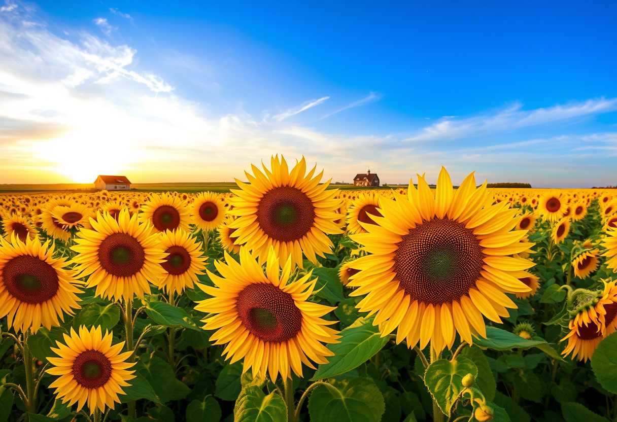 Vibrant, sunflower fields, golden blooms, high quality, photorealistic, summer, cheerful, idyllic, rural, panoramic, breathtaking, rural farmhouses, blue skies, windblown fields, sunset, floral arrangements.