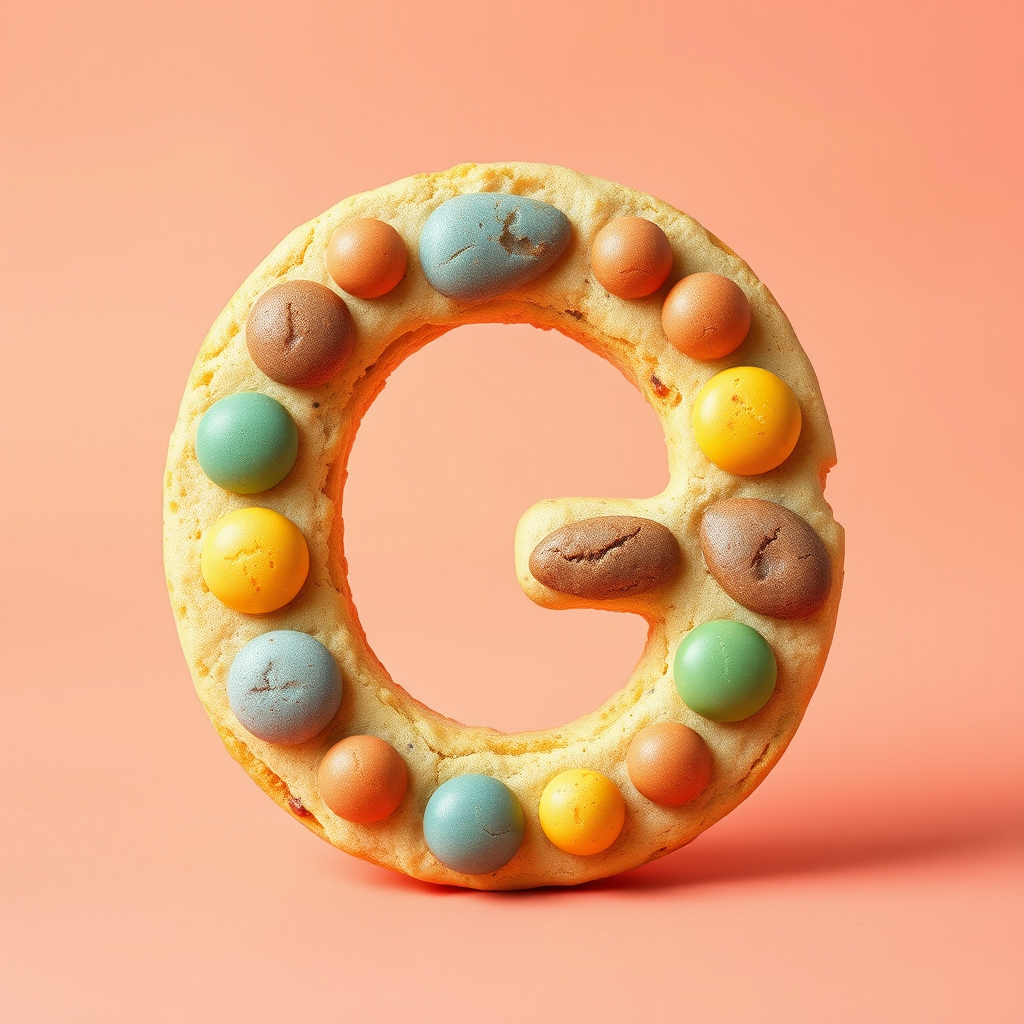 A letter "G" made of colored cookies, light red background, realistic photograph.