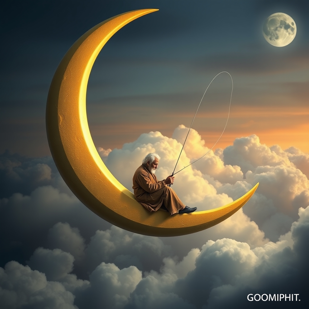 An old man sits serenely on a crescent moon, fishing among the clouds. The scene has an evening, tranquil atmosphere. It’s dreamy and whimsical. Deep depth of field, photography, National Geographic photo, hyper-realistic, 16k resolution, masterpiece, award-winning artwork, many details, extremely detailed, full of details, wide range of colors, high dynamic. - Image