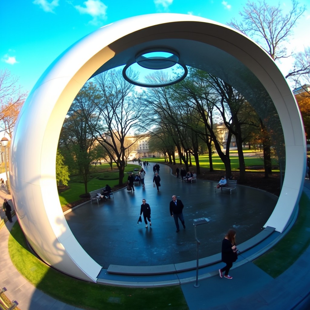 A park inside a dome shape, people walking and relaxing peacefully in the park in any weather, rain or snow, hot or cold; my gaze is outside the dome and I can see inside. The inside is always in pleasant weather.