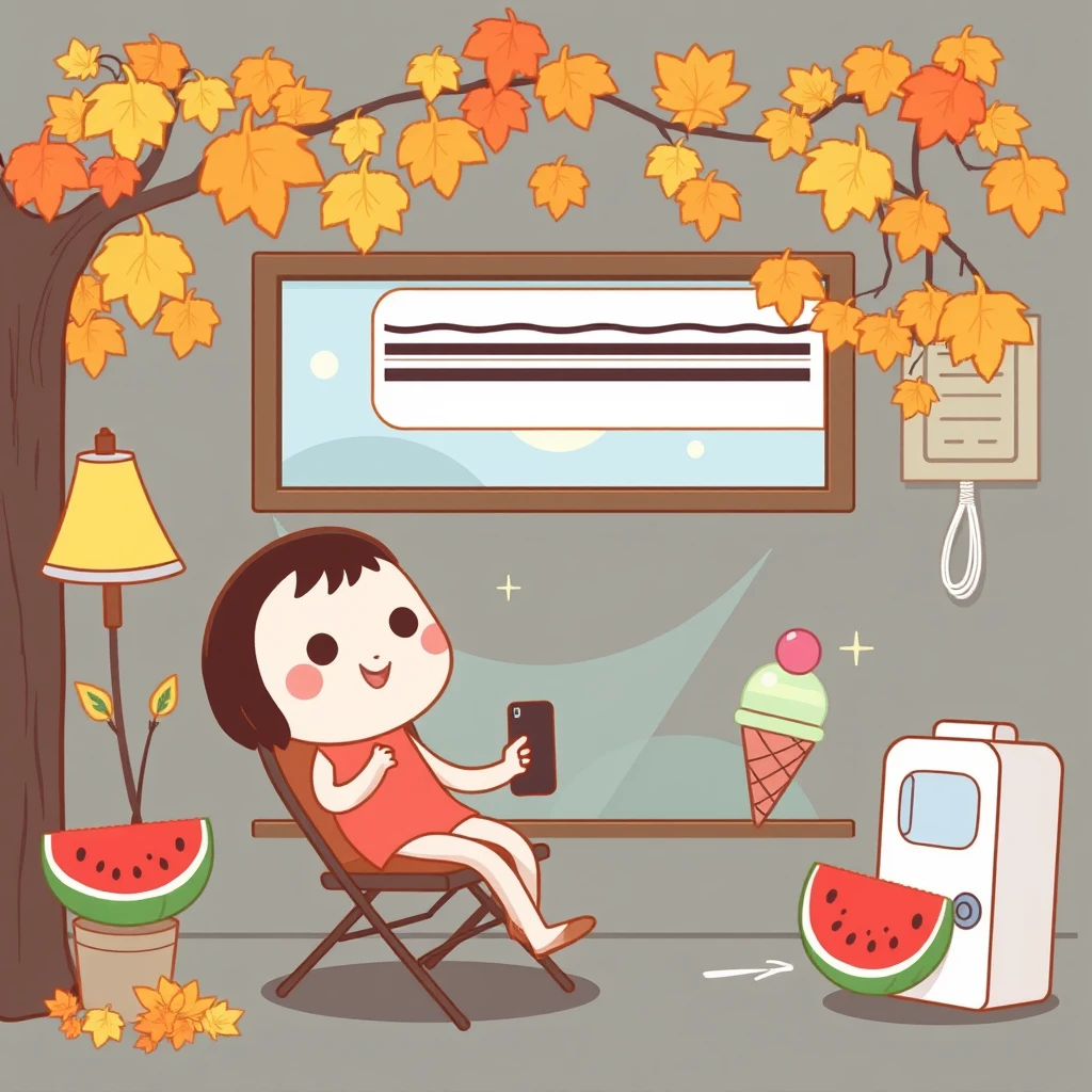 "Today is the beginning of autumn, but the weather is too hot. I hope for watermelon, ice cream, air conditioning, and other things to cool down, in a cartoon style."