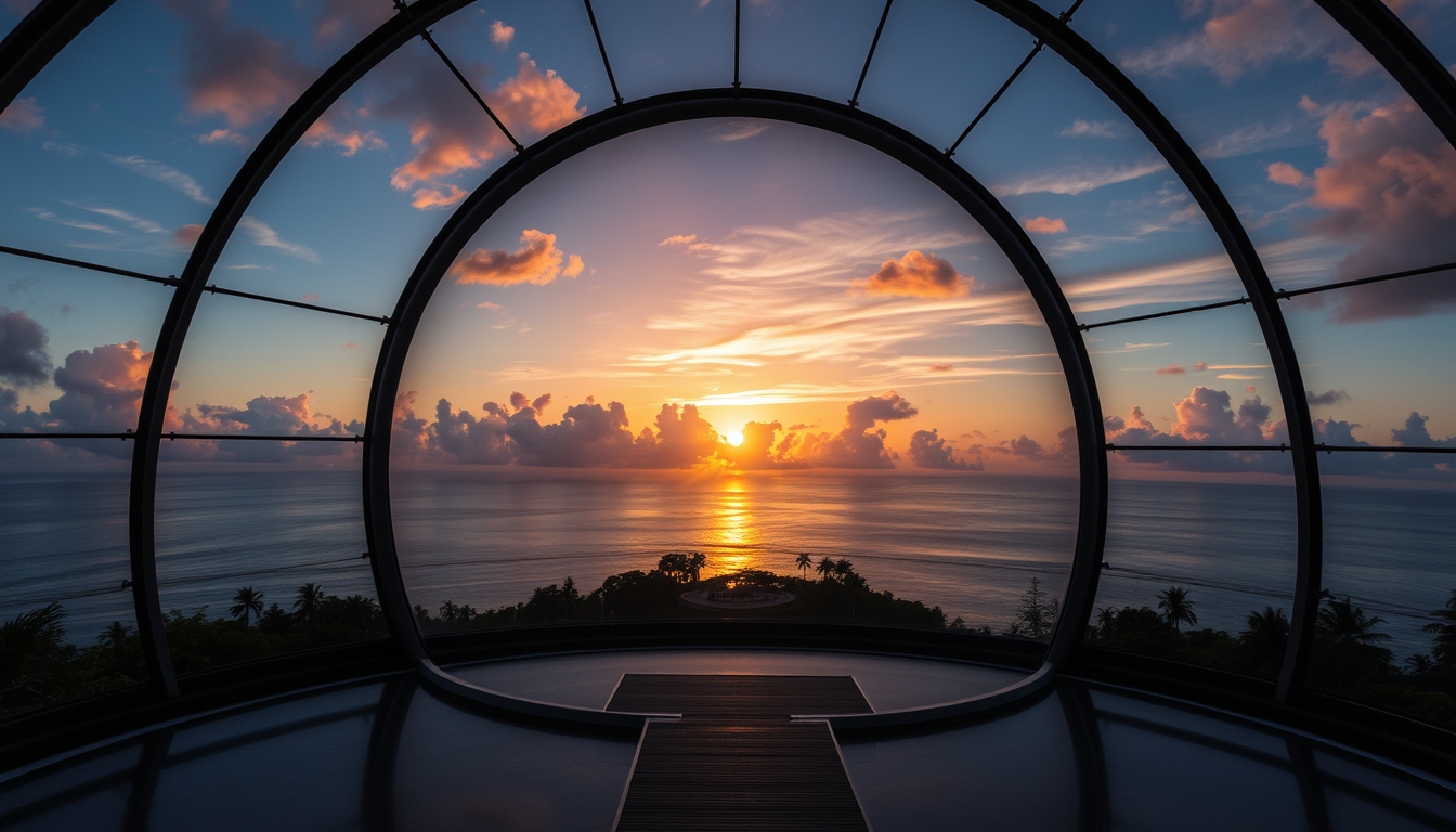 A breathtaking sunset viewed through a giant glass dome on a tropical island.