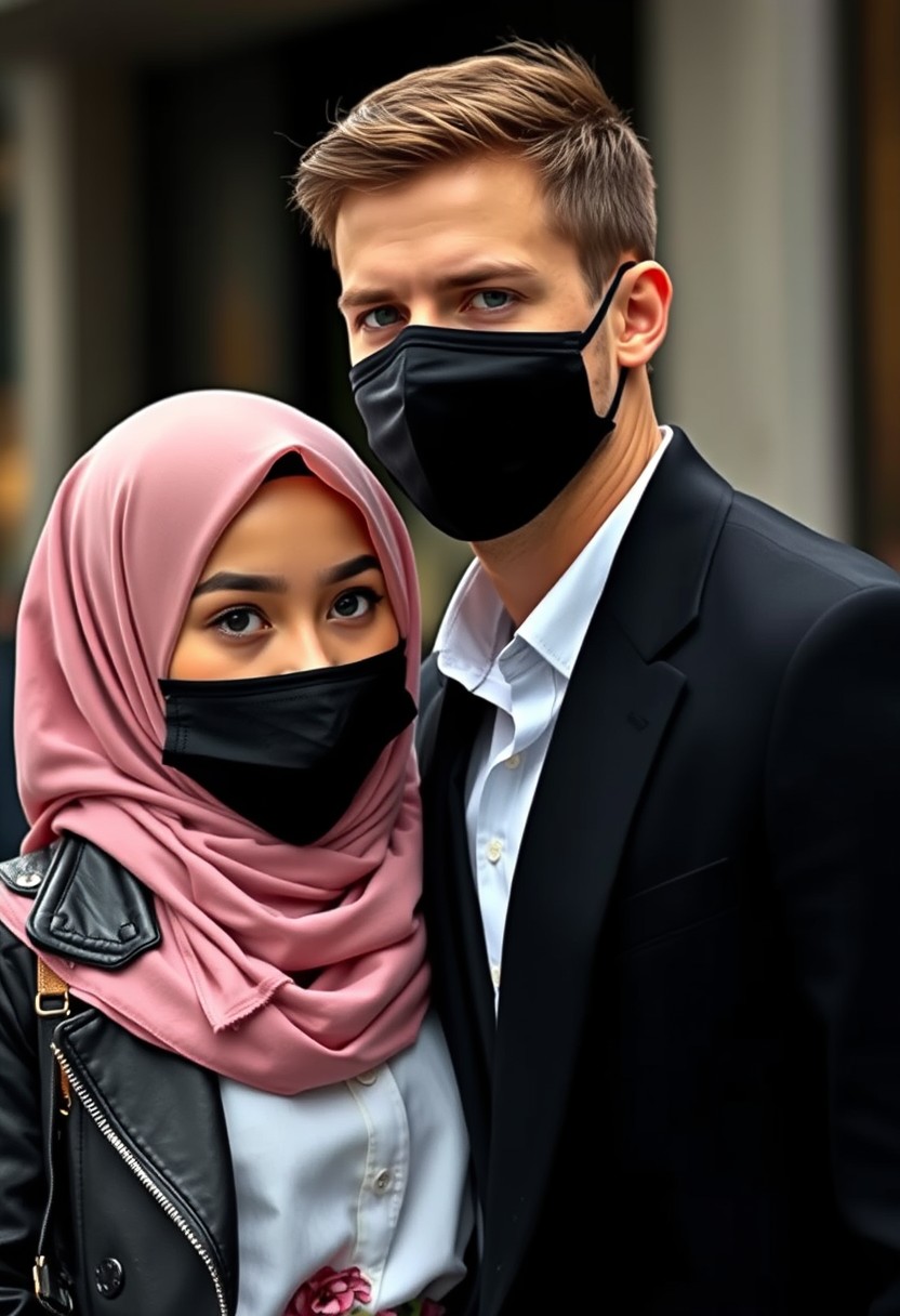 Jamie Dornan's head and body shot, handsome, young, black face mask, half-buttoned white shirt, black suit coat, dating love with the biggest soft pink hijab girl, beautiful eyes, black leather jacket, black face mask, biggest floral skirt, hyper-realistic, street photography.